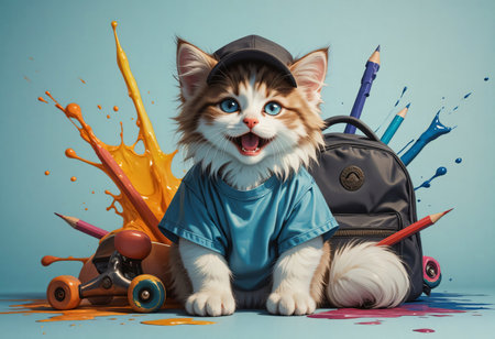 Fluffy kitten in cap with skateboard and pencils splashing color.の素材
