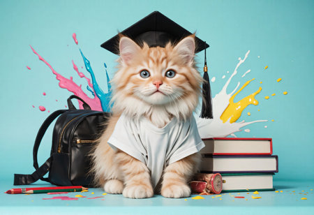 Little cat preparing for first school adventure.の素材
