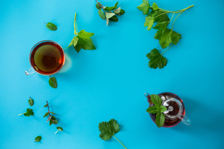 Green tea with current leaves and mint in glass teapot and cup on blue background. Top view.