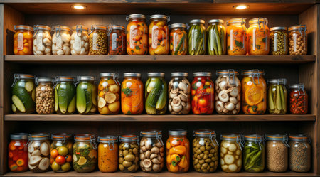 Colorful jars of pickled vegetables on wooden shelves.の素材