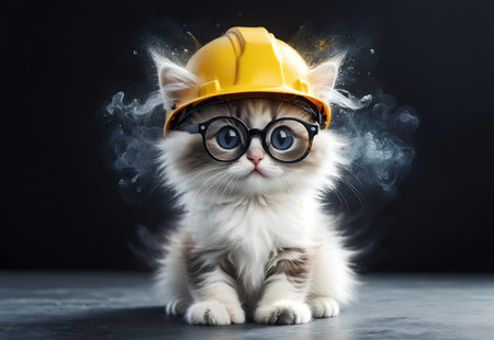 Kitten in a construction helmet looks adorable and very funny.の素材