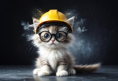Kitten in a construction helmet looks adorable and very funny.の素材