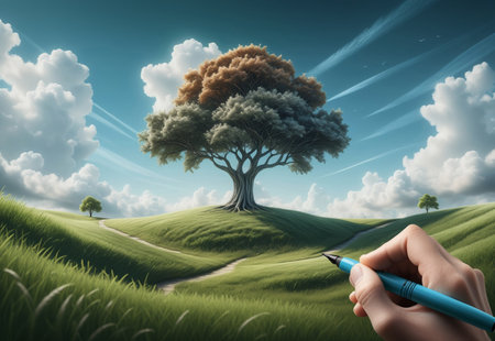 hand holding a blue pen creating or completing a landscape.の素材