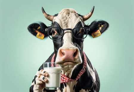portrait of a cow in an apron with a glass of milk on a pastel green background.の素材