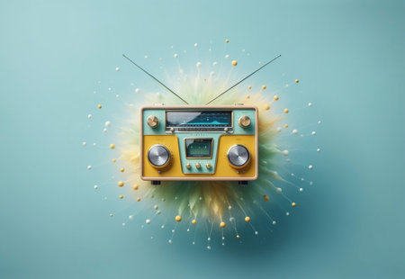 background showing radio receiver and notes isolated on blue background.の素材