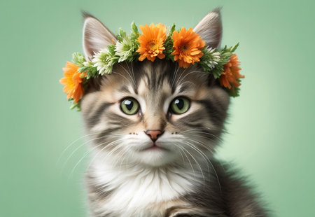 Happy fluffy kitten in a flower crown enjoys summer.の素材