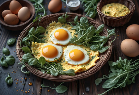 Healthy egg roll with greens on a white plate.の素材
