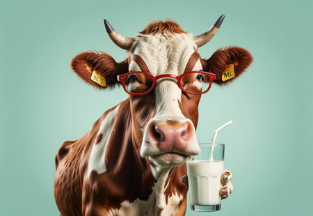 portrait of a cow in an apron with a glass of milk on a pastel green background.の素材