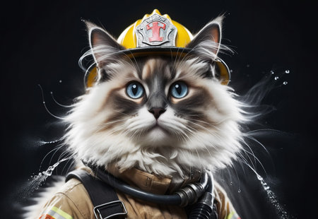 Funny cat in firefighter uniform posing on dark background.の素材