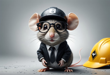 a gray mouse in a formal suit and a construction helmet.の素材