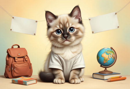 Cute kitten in a cap holds an empty sign in the classroom.の素材