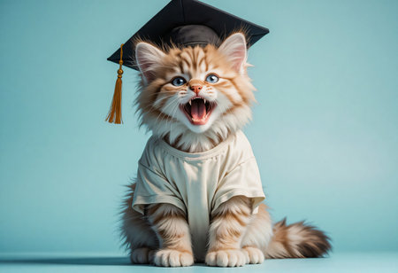 Fluffy cat student celebrating school graduation moment.の素材