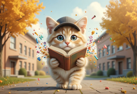 Fluffy kitten student studying textbook pages on way to school.の素材