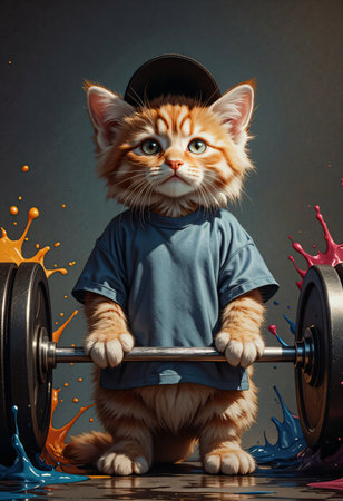 Determined kitten lifting heavy barbell with confidence.の素材
