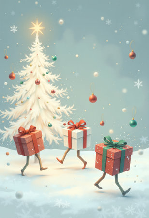 New Year's card with cheerful running gifts and a decorated Christmas tree.の素材