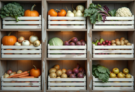 Harvest collection of fruits and vegetables arranged neatly on wooden racks.の素材