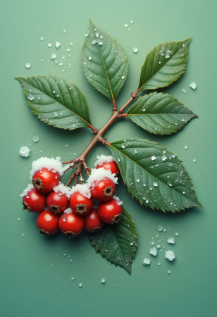 Beautiful frozen berries resting on glossy green surface.の素材