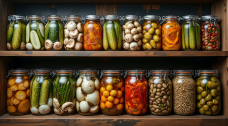 Healthy homemade pickled vegetables standing on wooden shelves.の素材
