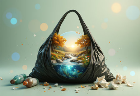 Surreal scene showing harmony of Earth and human waste.の素材