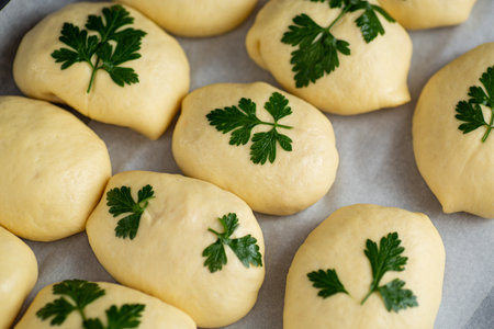 Unbaked dough pieces decorated with parsley ready for oven.の写真素材