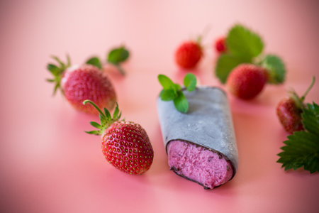Summer strawberry dessert on a pink background.の写真素材