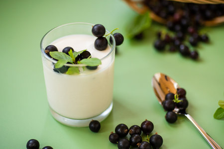 Creamy blackcurrant dessert in minimalism.の写真素材