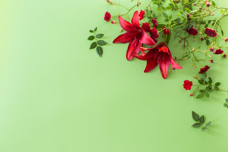 Macro of two red lilies with red roses on green background.の写真素材