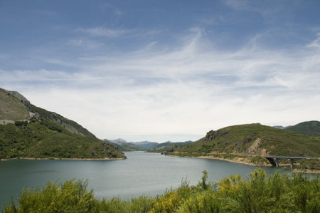 Bridge crossing a water reservoirの写真素材