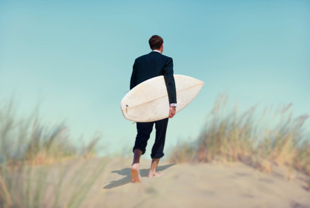 Businessman with Surfboard Going to the Beach