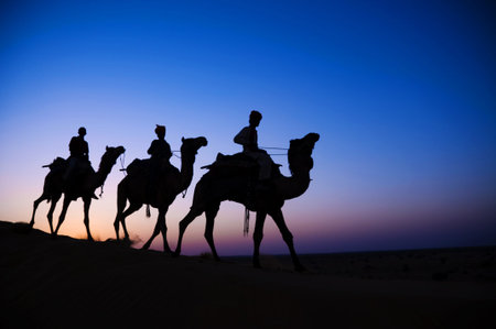 Three indigenous men riding camel through the dimly lit desert.