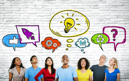 Casual multi-ethnic group of people with speechbubbles.