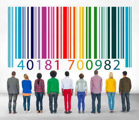 casual multi-ethnic group looking at bar code