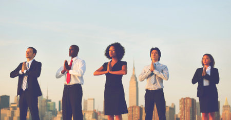 Office Workers Outdoor Yoga Relaxation Concept