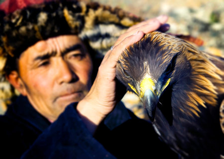 Mongolian Man Trained Eagle Kazakh Olgei Western Concept