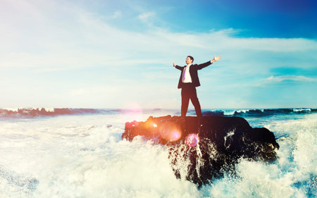 Businessman staying alone on the island.