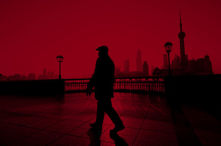 Man Walking Shanghai China Street Solitude Building Concept