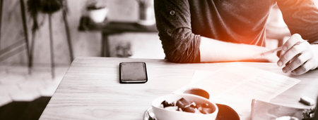 Man Reading Writing Research Thinkning Cafe Restaurant Concept
