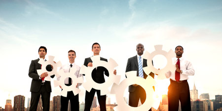 Businessmen Cog Strategy Presenting Cityscape Concept