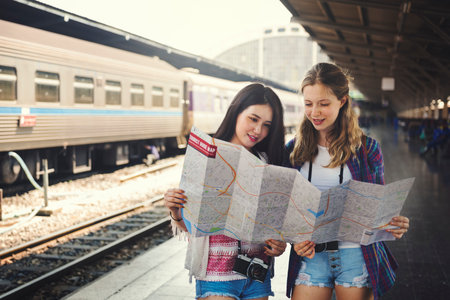 Girls Friendship Hangout Traveling Holiday Map Concept
