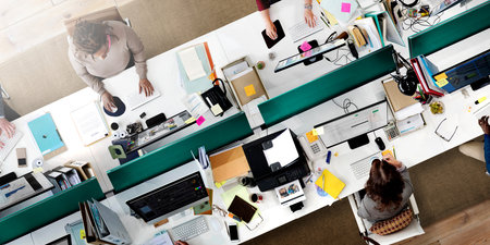 Aerial View Corporate Collaboration Working Table Concept