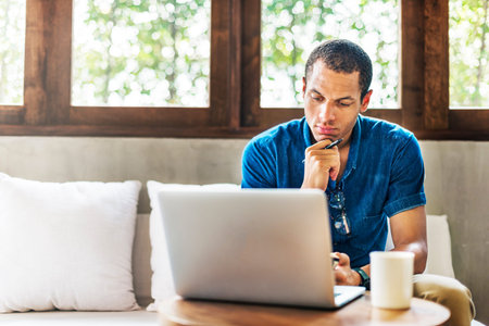 Man Working Coffee Shop Connecting Laptop Concept