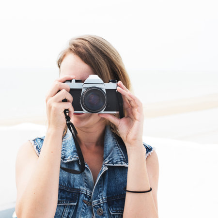 Pretty Photographer Woman Beach Vacation Lifestyle Concept