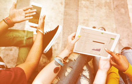 Students Break Analysis DIgital Tablet Mobile Phone Technology Concept