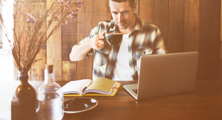 Man Relax Lifestyle Working Coffee Shop Concept