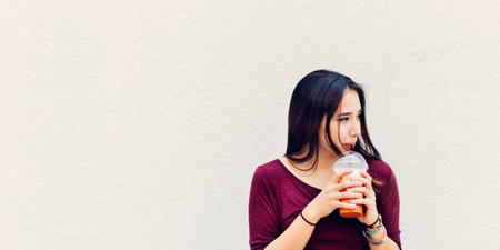 Woman Drinking Beverage Milk Tea Drinks Waiting Concept
