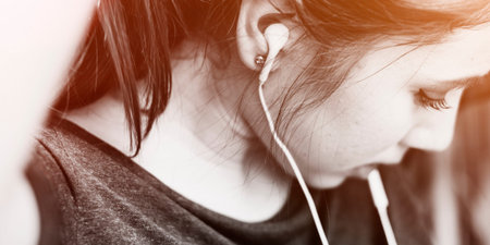 Woman Listening Music Media Tied Up Ponytail Concept