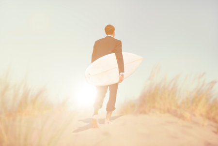 Businessman with Surfboard Going to the Beach