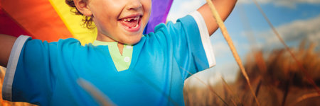 Boy Flying Kite Happiness Smiling Playing Playful Concept