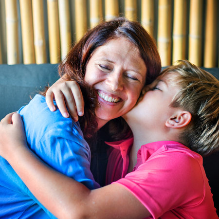 Son Kissing Mother Hugging Family Concept