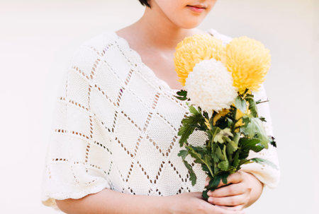 Asian Girl Flower Freshness Relaxation Chrysanthemum Concept